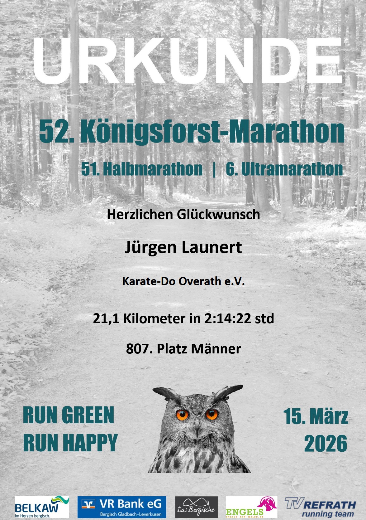 Königsforst Marathon 2026 Urkunde